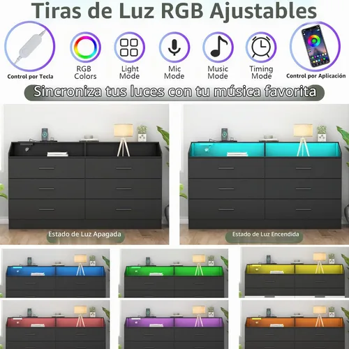 Vista 4 de Cómoda de 6 cajones, cómoda para dormitorio con toma de corriente, cómoda moderna con luz LED, cómoda de almacenamiento con compartimento