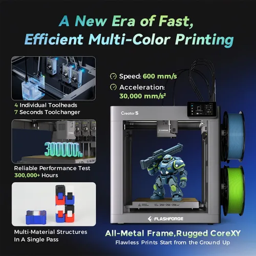Vista 2 de FLASHFORGE Impresora 3D Creator 5, 4 cabezales de herramientas 7S, impresión multifilamento, CoreXY 23.622 in/s 5 veces más rápido, sistema