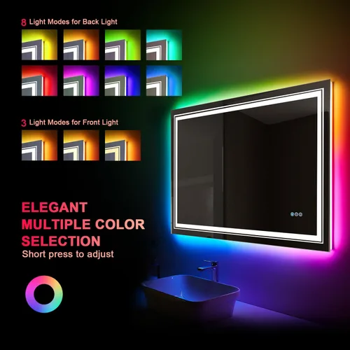 Vista 2 de Snowdool - Espejo LED para baño de 20"X28", con 8 luces RGB retroiluminadas + 3 luces frontales (ajustables individualmente), antiempañamiento, 3