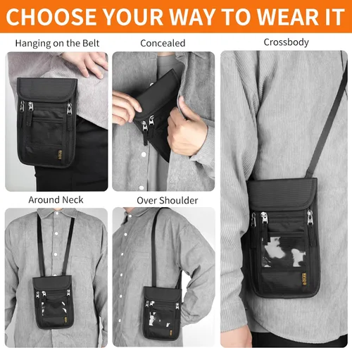Vista 4 de Cartera de cuello para viajes, bolsa de cuello para pasaporte para hombres y mujeres con correa ajustable para el cuello y bloqueo RFID