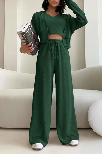 Vista 7 de PRETTYGARDEN Trajes de 3 piezas para mujer, conjuntos a juego, cárdigan de punto acanalado, camisetas sin mangas, pantalones de pierna ancha