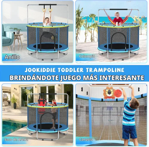 Vista 4 de Cama elástica para niños con malla de encierro, cama elástica mini para interiores y exteriores con barra de gimnasia ajustable, aro de baloncesto