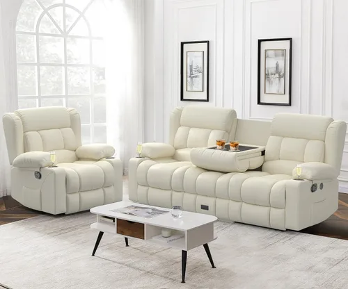 Vista 12 de Dresegmt - Juego de sofá reclinable con consola, diseño de respaldo central abatible, sofá de 3 plazas y sillón reclinable individual, sofás Gris