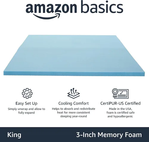 Vista 2 de Amazon Basics Cubrecolchón King con infusión de gel refrescante, certificado CertiPUR-US, 3 pulgadas, azul