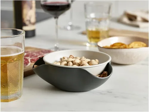 Vista 8 de Joseph Joseph Cuenco doble para servir pistacho y aperitivos con compartimento para desechos de alimentos, sin BPA, color gris
