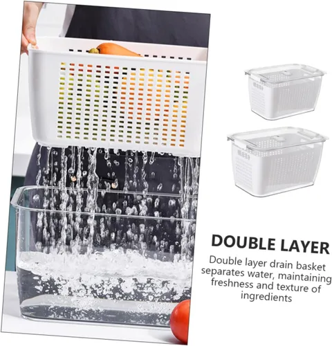 Vista 3 de Colador de lavado de arroz crujiente, cesta de lavado de verduras, doble capa, cuenco de lavado de verduras, bandeja de lavado de verduras, colador