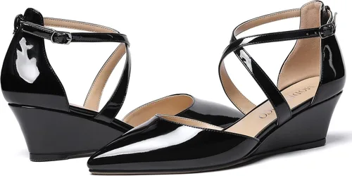 Vista 6 de MODENCOCO Zapatos de tacón bajo para mujer, con puntera puntiaguda, con hebilla y correa cruzada, para mujer, de 2 pulgadas