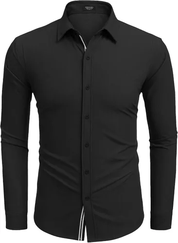 Vista 7 de COOFANDY Camisa casual con botones para hombre, camisa de vestir de mezclilla de manga larga