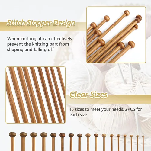Vista 4 de LIHAO Juego de 30 piezas de agujas de tejer de bambú, agujas de tejer de madera, accesorios de kit de tejer para principiantes hechos a mano, de una