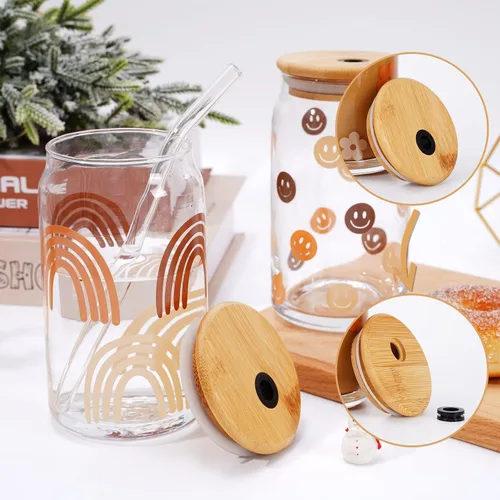 Vista 3 de Whaline Juego de 4 vasos para beber con tapas de bambú y popote de vidrio, taza de vidrio en forma de lata de 16 onzas, vaso de café helado, ideal