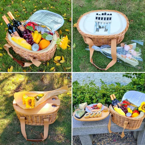 Vista 3 de Hap Tim Juego de Cesta de Picnic de Mimbre para 2 con Mini Mesa Plegable de Vino para Picnic y Bolsa Refrigeradora Grande Aislada y Kits de Servicio
