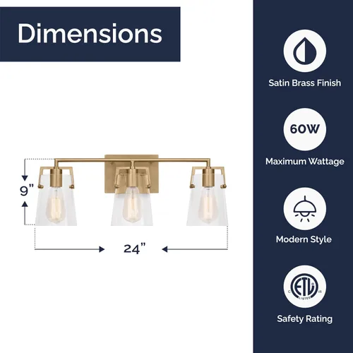 Vista 3 de Scott Living Crofton - Lámpara de pared moderna de latón satinado de 3 luces DJV1033SB, la iluminación de pared es ideal para dormitorio, luz