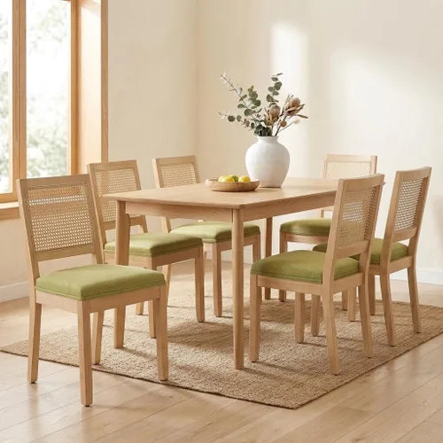 Vista 15 de French Country Dining Chairs Set of 2, Linen Upholstered Cane Back, Amber Soft linen upholstered seat with thick foam padding provides comfortable