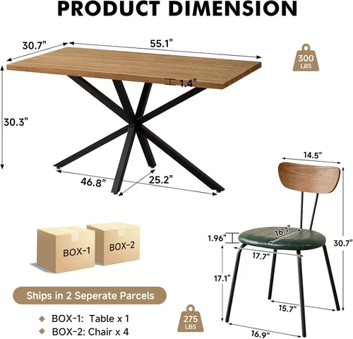 Vista 2 de Dining Table Set for 4, Modern 55" Brown Wood Grain Kitchen Table with 4 Stackable Dining Chairs, Faux Leather, for Dining Living Room Apartment