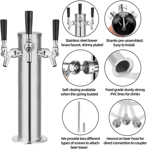 Vista 4 de TMCRAFT Dispensador de torre de cerveza de barril de triple grifo, kit dispensador de torre de cerveza de acero inoxidable pulido con tubo