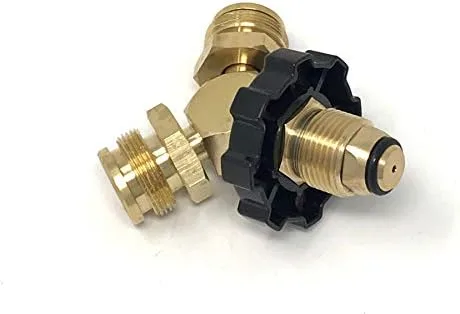 Vista 3 de Adaptador en T macho de propano 2-1 por 20 rosca cilíndrica desechable con dos aparatos de montaje desechables Conector de tanque para parrillas
