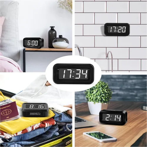 Vista 7 de KWANWA Reloj despertador para niños, LED blanco, batería, modo nocturno automático, 12 horas/24 horas, pequeño, viajes, mesita de noche, montaje