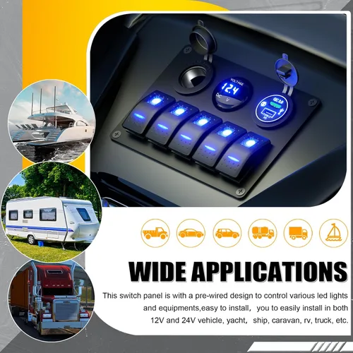 Vista 6 de Panel de interruptores basculantes de 5 vías + carga PD tipo C y QC3.0 USB + voltímetro + salida de 12 V Panel de aluminio precableado interruptores
