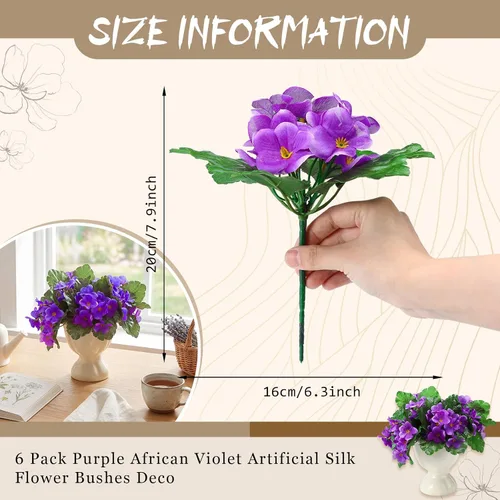 Vista 2 de Suncalla Paquete de 6 arbustos de seda artificiales de seda púrpura africana, plantas de interior (lavanda morado)