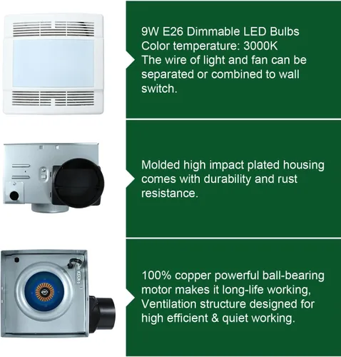 Vista 8 de Akicon Extractor de baño, ultra silencioso de 90 CFM 1.5 Sones Ventilación LED con luz (bombilla LED base E26 de 12 W incluida)