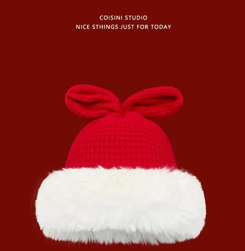 Vista 2 de Fauxfur Y2k - Gorro de conejo para mujer, gorro de invierno cálido con diseño de calavera y pompón, sombrero holgado