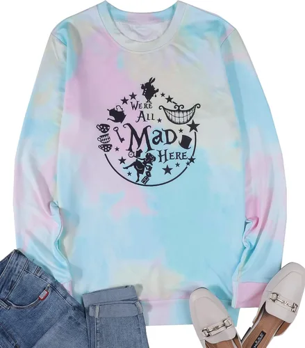 Vista 6 de ASTANFY Alice in Wonderland - Sudadera vintage para mujer, diseño de sombrerero loco, diseño de reino mágico, para vacaciones, manga larga