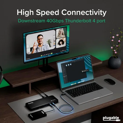 Vista 4 de Plugable Base de Conexión Thunderbolt 4 con Carga de 100W, Certificado Thunderbolt, Estación de Acoplamiento para Laptop con Monitor Dual Único 8K