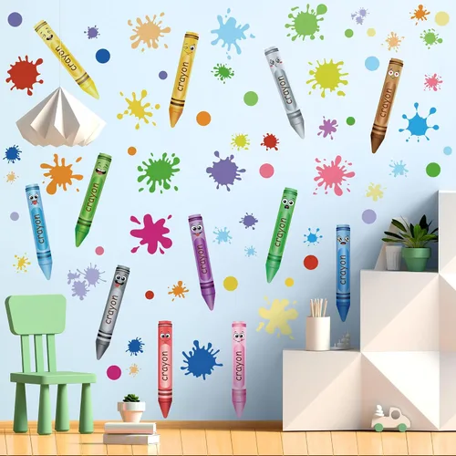 Vista 6 de 10 hojas creativas de colores de crayones de pared, calcomanías de acuarela con tinta, puntos, calcomanías de pared, calcomanías de pared