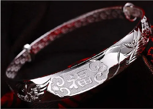 Vista 2 de Pulsera ajustable tallada de plata de ley 999 maciza con dragón chino fénix tallada para mujer, 0.51 onzas de peso para mujeres, mujeres y ancianos