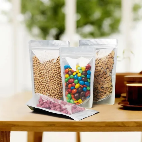 Vista 4 de 100 bolsas de Mylar resellables con ventana frontal transparente, embalaje comestible a prueba de olores, bolsas verticales para almacenamiento