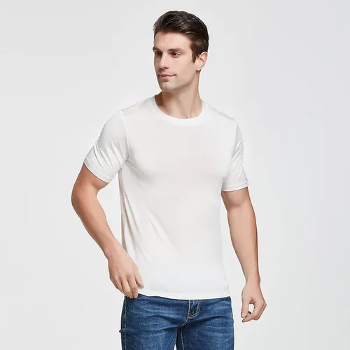Vista 5 de Viamulion Camiseta de punto de seda para hombre, 100% seda de morera pura, suave y fresca, cuello redondo, camiseta interior casual