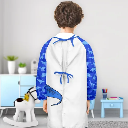 Vista 3 de PASHOP Bata de arte para niños, de unicornio, impermeable, para niñas, niños, manga larga, hasta la rodilla, con bolsillo (dinosaurio azul, 3-7 años)