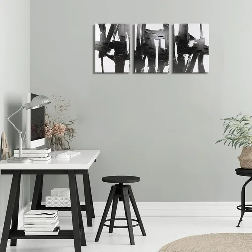 Vista 2 de Pinetree Art 3 paneles de lienzo abstracto en blanco y negro para pared, pintura texturizada 3D para sala de estar (pequeño)