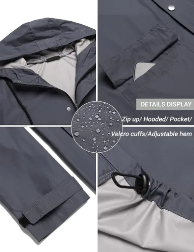 Vista 4 de COOFANDY Chaqueta impermeable para hombre con capucha, impermeable, ligera, activa, larga