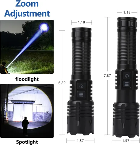 Vista 4 de Linternas recargables LED superbrillantes, linternas tácticas con zoom con 6 modos (lámpara UV), linterna de alta potencia de 6000 lúmenes, luces