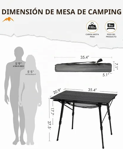 Vista 2 de PORTAL Mesa de camping plegable portátil con patas ajustables, mesa plegable de aluminio mesa enrollable con bolsa de transporte para exteriores