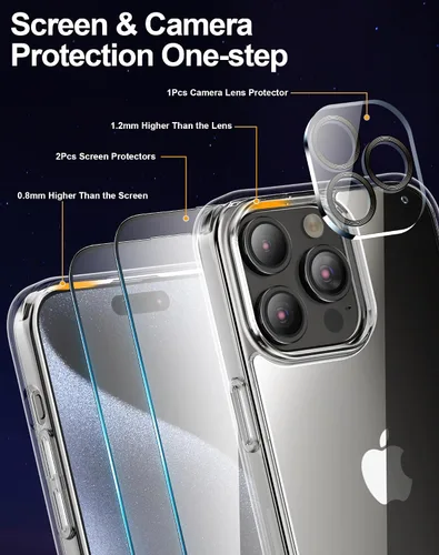 Vista 4 de Funda transparente de ajuste delgado para iPhone 15 Pro de 6.1 pulgadas con 2 protectores de pantalla de vidrio templado + 1 protector de lente