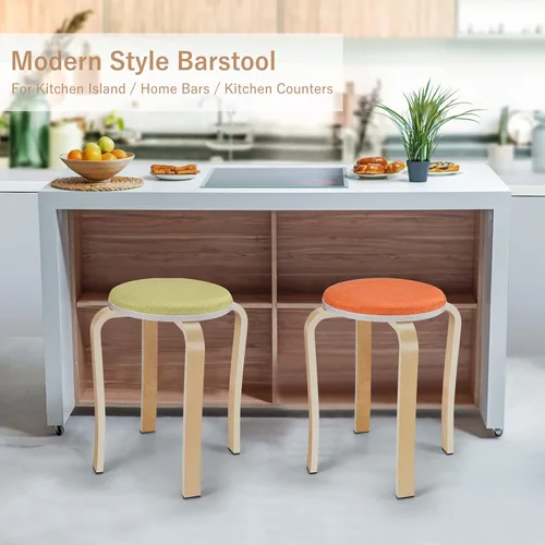 Vista 3 de Taburetes de madera, juego de 4 sillas redondas tapizadas sin espalda apilables para comedor, cocina, hogar, jardín, sala de estar y aula (D4002)