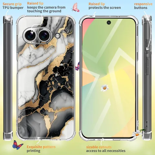 Vista 6 de Funda para Google Pixel 10A, 5G, mármol y flores, delgada, anticaídas, a prueba de golpes, suave, a prueba de golpes, transparente, fundas negro