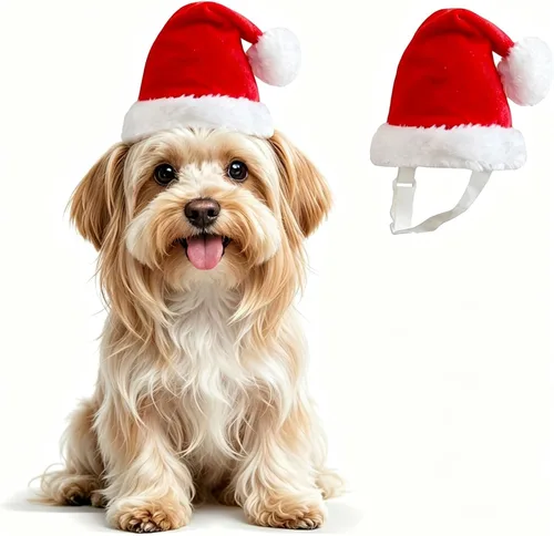 Vista 6 de Juego de gorro y bufanda de Navidad para perros pequeños, cachorros, gatos, 2 piezas de sombrero de Santa ajustable y bufanda de punto, disfraz