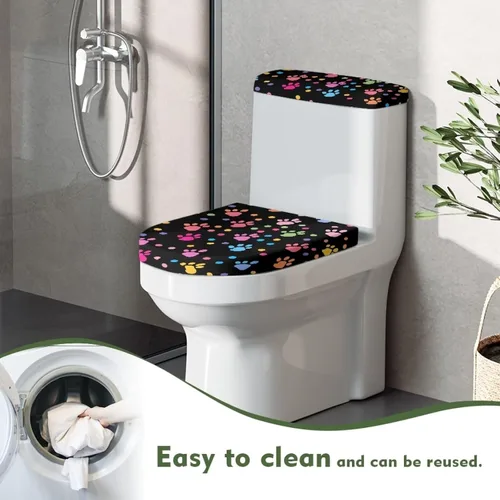 Vista 4 de Flashideas Juego de cubierta para tanque y tapa de inodoro con estampados de patas de perro coloridas - Elástico, se adapta a la mayoría de tanques