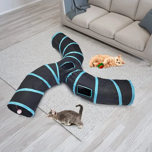 Vista 2 de Túnel para gatos, túneles plegables grandes de 3 vías con 4 agujeros de mirada, juguete interactivo para gatos en forma de S, juguete interactivo