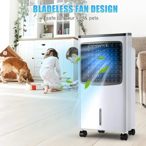 Vista 5 de Enfriador de aire evaporativo 3 en 1, enfriador de aire oscilante ancho con humidificador, control remoto, 2 paquetes de hielo y tanque de agua