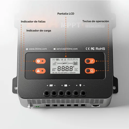 Vista 6 de LiTime 60A MPPT Controlador de Carga Solar (Sin Bluetooth Integrado), 12V/24V/36V/48V Auto, Entrada Máxima de PV 200VDC Pantalla LCD Regulador