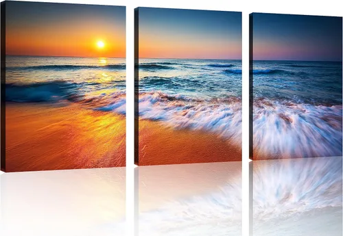 Vista 48 de TutuBeer 3 paneles de fotos de playa, arte de pared, diseño de mar azul, playa blanca al amanecer, imágenes impresas en lienzo, imágenes del océano