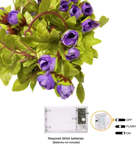 Vista 9 de Guirnalda de luces de simulación de rosas colgantes, guirnalda de plantas de seda, flores artificiales de seda, funciona con pilas, para decoración