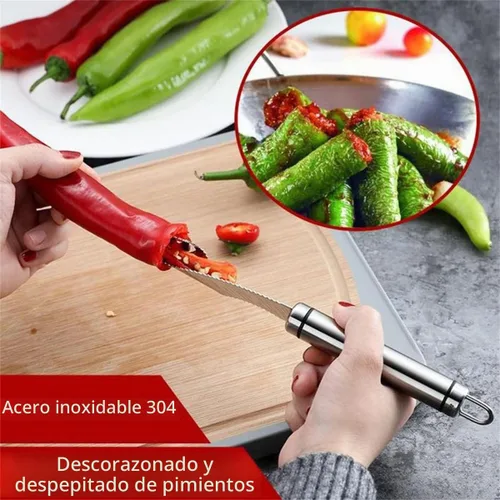 Vista 3 de Removedor de semillas de pimienta con paño de limpieza, removedor de semillas de frutas de acero inoxidable 304 con dientes dentados, herramienta