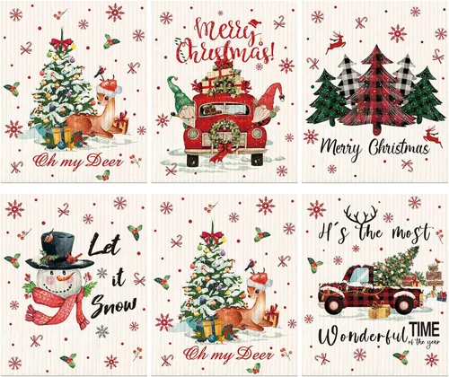 Vista 8 de Yinder 6 Piezas Paños de Cocina Suecos de Navidad para Mesa Paños de Platos Reutilizables de Navidad Paños de Limpieza Absorbentes de Secado Rápido