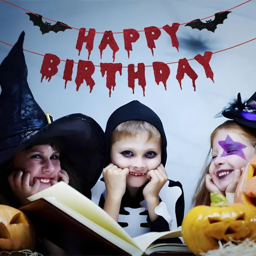 Vista 6 de Cartel rojo brillante de Halloween de Feliz Cumpleaños – Guirnalda de papel colgante de Halloween Banderines Banner Bloody Bat Vampire Decoraciones
