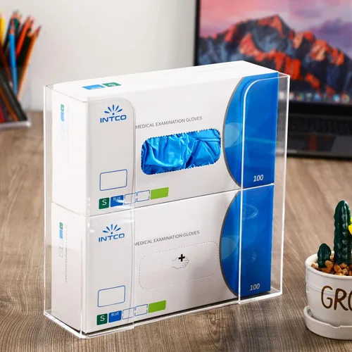 Vista 7 de Weysat 2 unidades de soporte de acrílico para guantera, dispensador de guantes para montaje en pared, estante acrílico transparente, dispensador